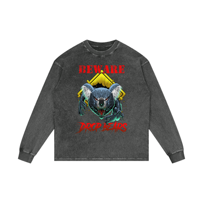 Beware Drop Bear Dark Grey Acid Wash Long Sleeve Tee