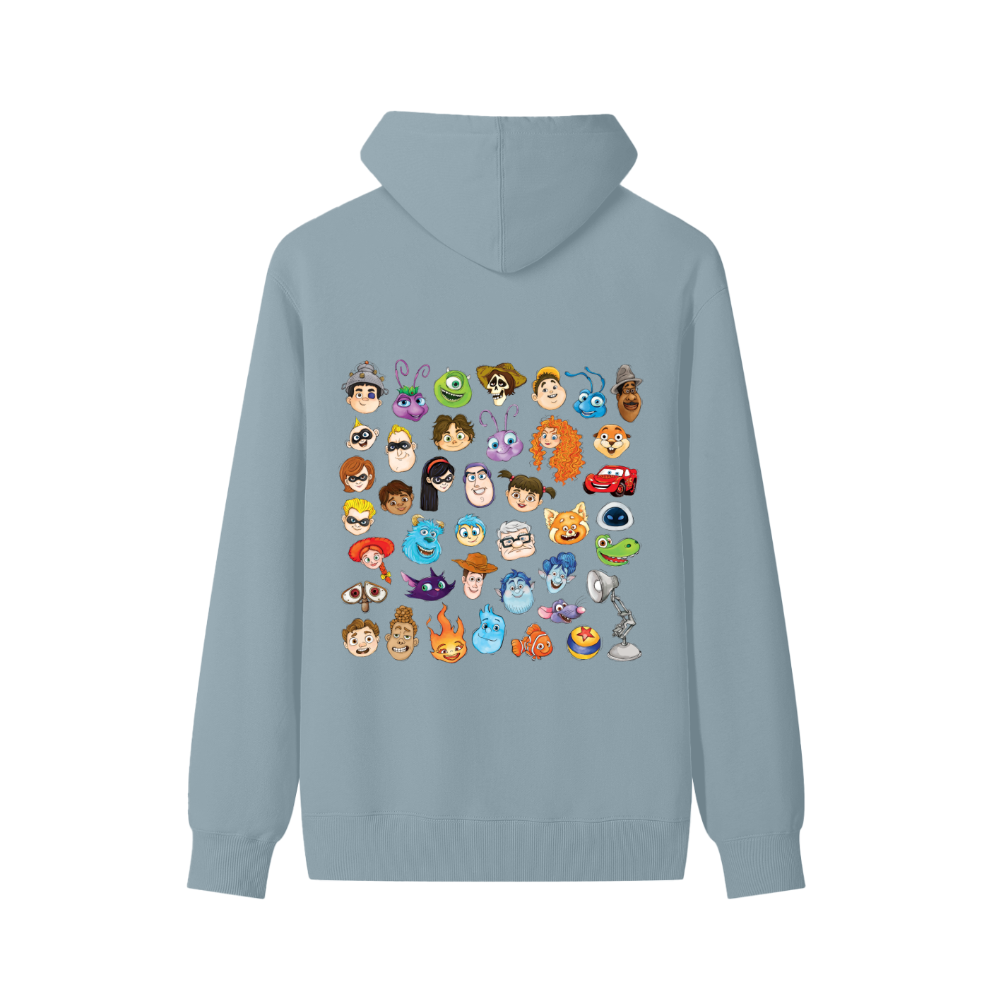 Watercolour Disney Pixar Protagonist Icons Pale Aqua Classic Hoodie, Toy Story, A Bug’s Life, Monsters, Inc., Finding Nemo, The Incredibles, Cars, Ratatouille, WALL-E, Up, Brave, Inside Out, The Good Dinosaur, Coco, Onward, Soul, Luca, Turning Red, Elemental, Elio, Hoppers, Gatto