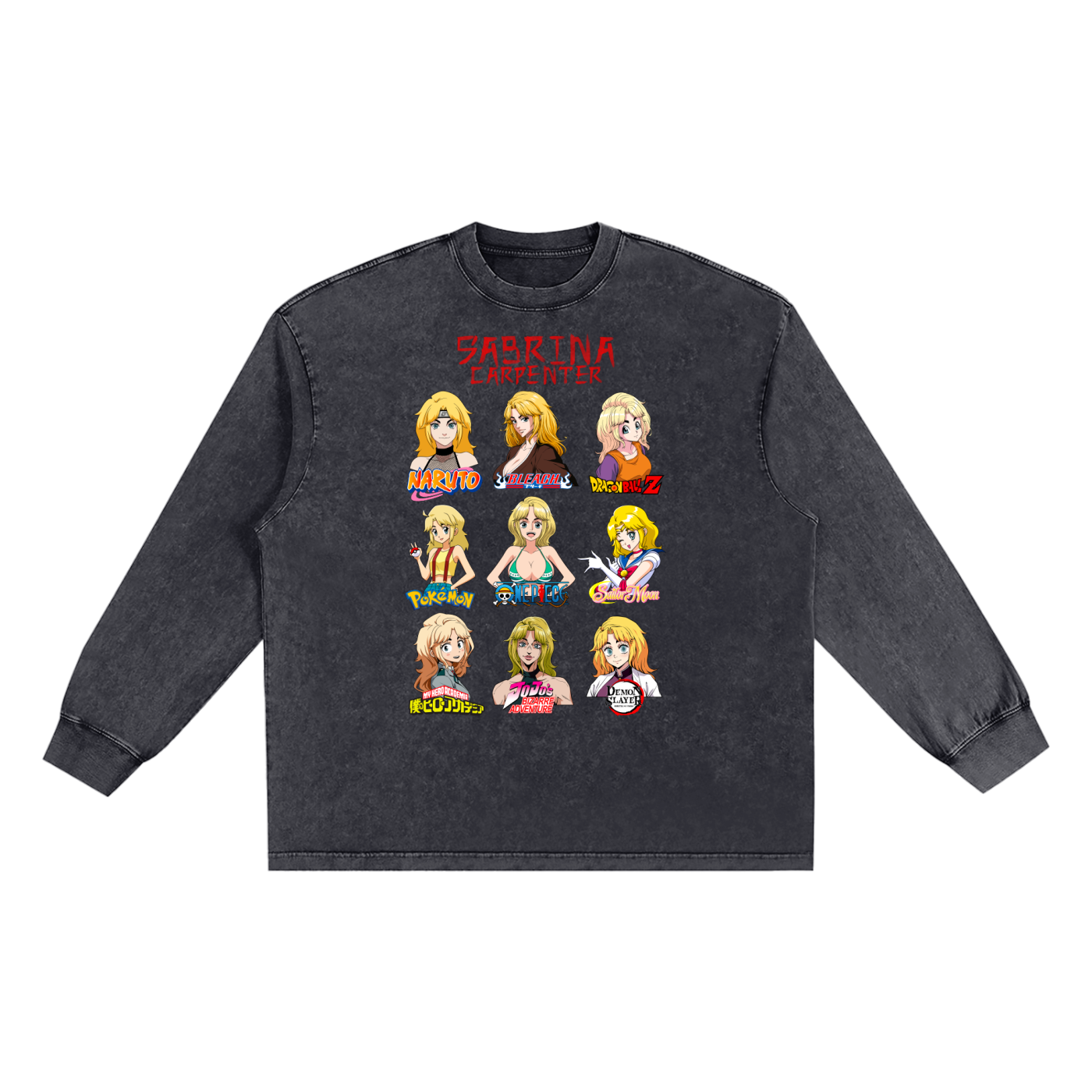 Sabrina Carpenter Anime Art Styles Black Snow Washed Long Sleeve Tee, Naruto, Bleach, Dragonball Z, Pokémon, One Piece, Sailor Moon, My Hero Academia, Jojo's Bizarre Adventure, Demon Slayer