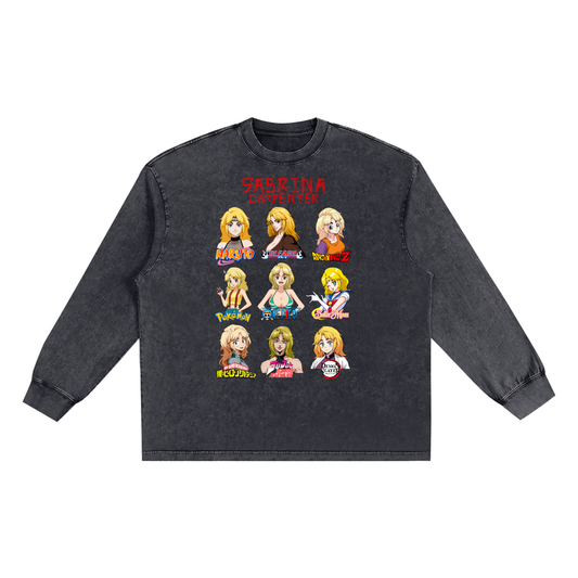 Sabrina Carpenter Anime Art Styles Black Snow Washed Long Sleeve Tee, Naruto, Bleach, Dragonball Z, Pokémon, One Piece, Sailor Moon, My Hero Academia, Jojo's Bizarre Adventure, Demon Slayer