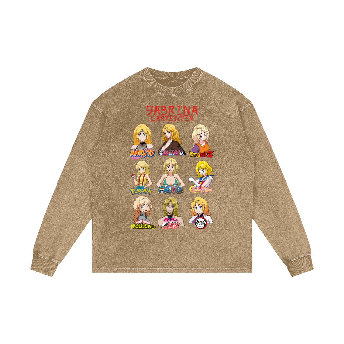 Sabrina Carpenter Anime Art Styles Honey Peach Acid Wash Long Sleeve Tee, Naruto, Bleach, Dragonball Z, Pokémon, One Piece, Sailor Moon, My Hero Academia, Jojo's Bizarre Adventure, Demon Slayer