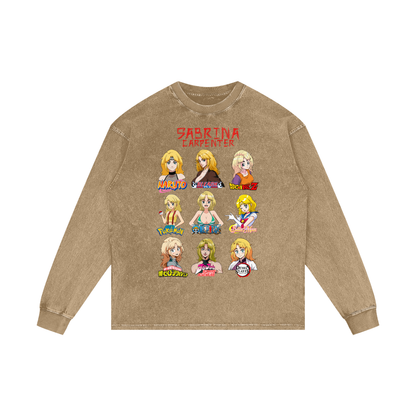 Sabrina Carpenter Anime Art Styles Honey Peach Acid Wash Long Sleeve Tee, Naruto, Bleach, Dragonball Z, Pokémon, One Piece, Sailor Moon, My Hero Academia, Jojo's Bizarre Adventure, Demon Slayer