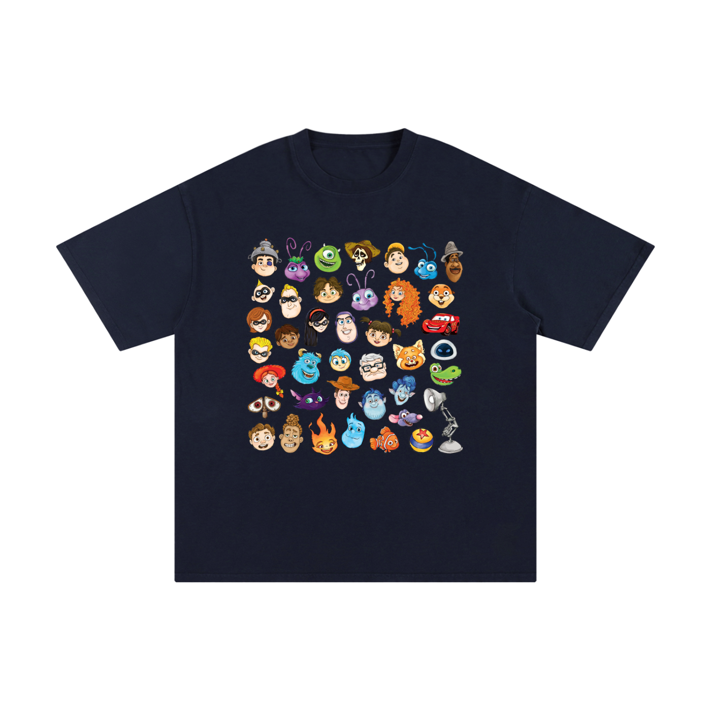 Watercolour Disney Pixar Protagonist Icons Navy Blue Classic Tee, Toy Story, A Bug’s Life, Monsters, Inc., Finding Nemo, The Incredibles, Cars, Ratatouille, WALL-E, Up, Brave, Inside Out, The Good Dinosaur, Coco, Onward, Soul, Luca, Turning Red, Elemental, Elio, Hoppers, Gatto