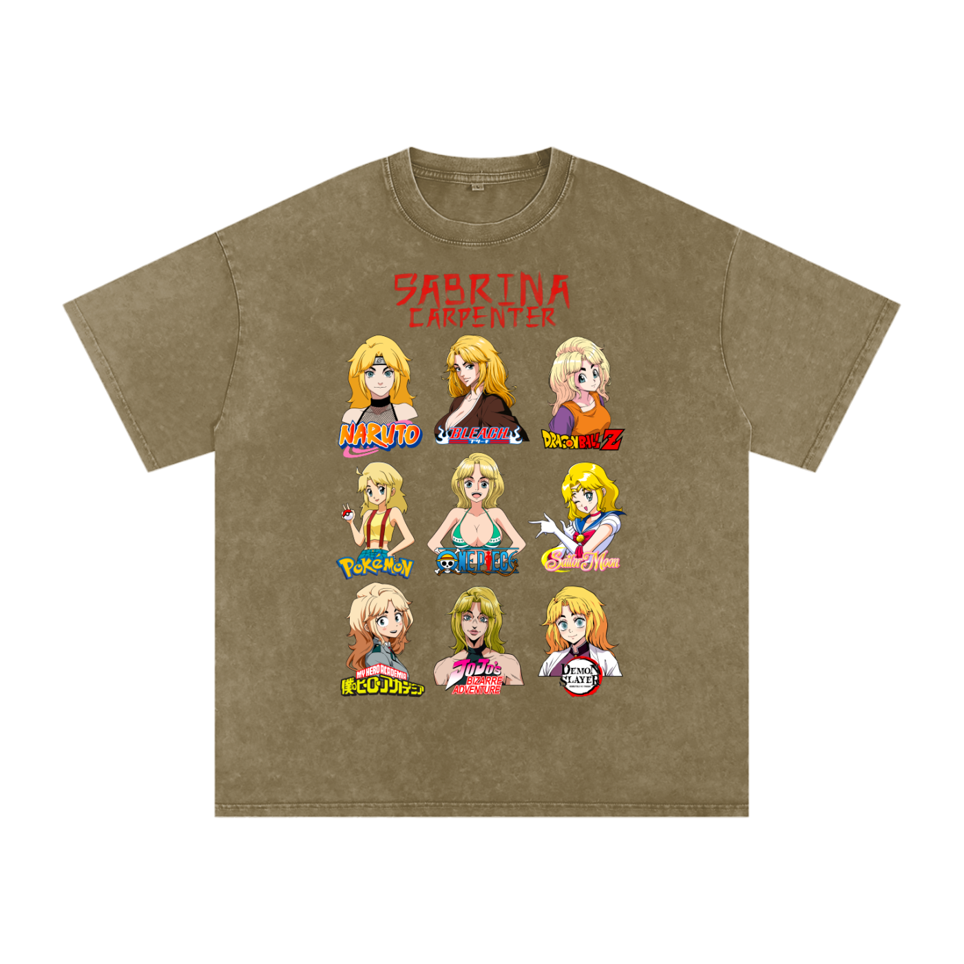 Sabrina Carpenter Anime Art Styles Military Green Acid Wash Tee, Naruto, Bleach, Dragonball Z, Pokémon, One Piece, Sailor Moon, My Hero Academia, Jojo's Bizarre Adventure, Demon Slayer