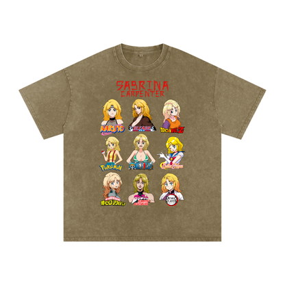 Sabrina Carpenter Anime Art Styles Military Green Acid Wash Tee, Naruto, Bleach, Dragonball Z, Pokémon, One Piece, Sailor Moon, My Hero Academia, Jojo's Bizarre Adventure, Demon Slayer