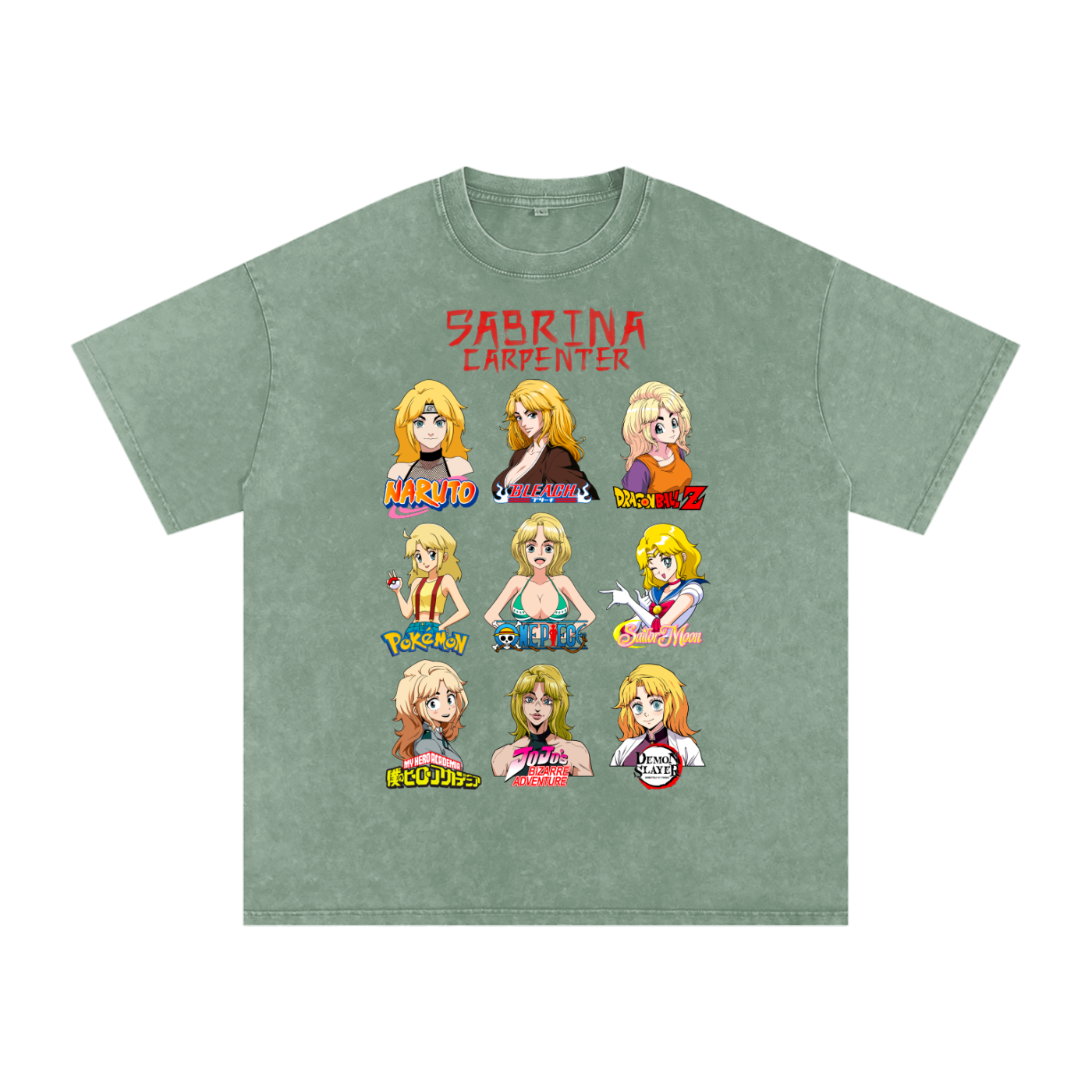 Sabrina Carpenter Anime Art Styles Dusty Mint Acid Wash Tee, Naruto, Bleach, Dragonball Z, Pokémon, One Piece, Sailor Moon, My Hero Academia, Jojo's Bizarre Adventure, Demon Slayer