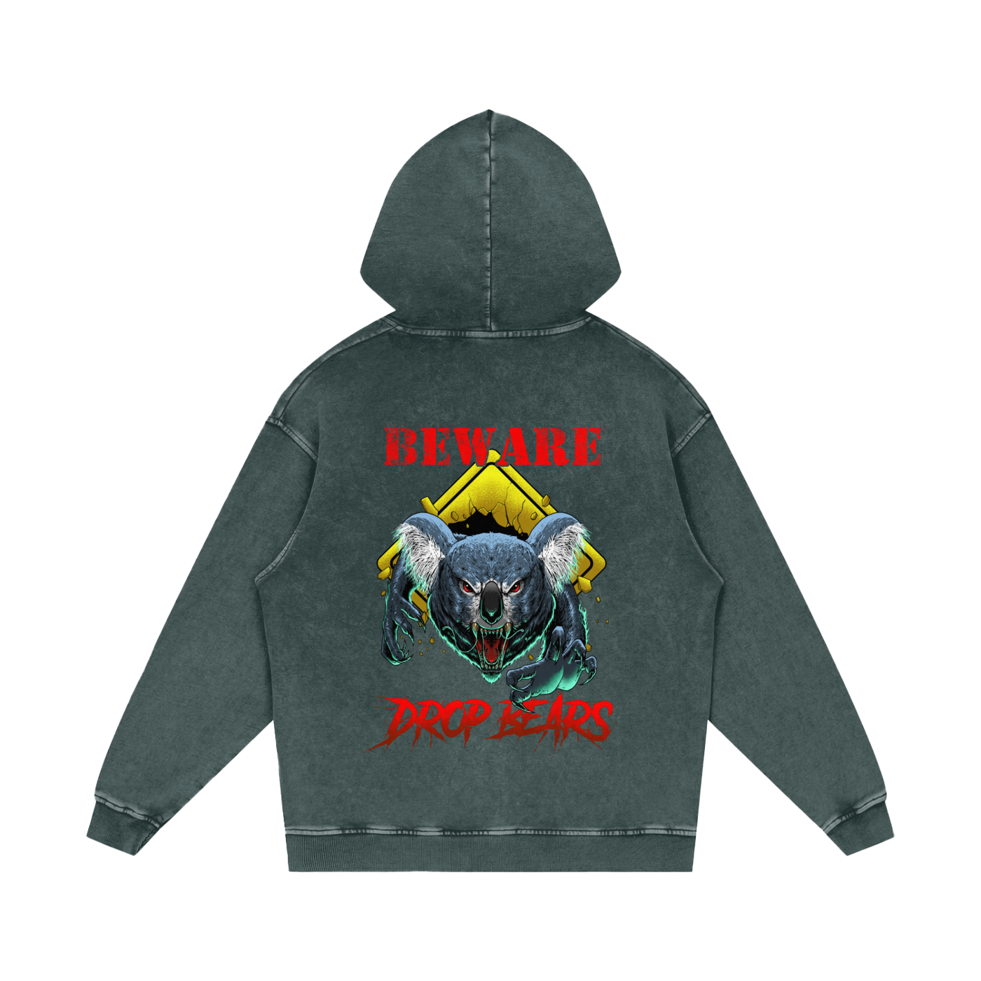 Beware Drop Bear Acid Wash Dark Green Hoodie
