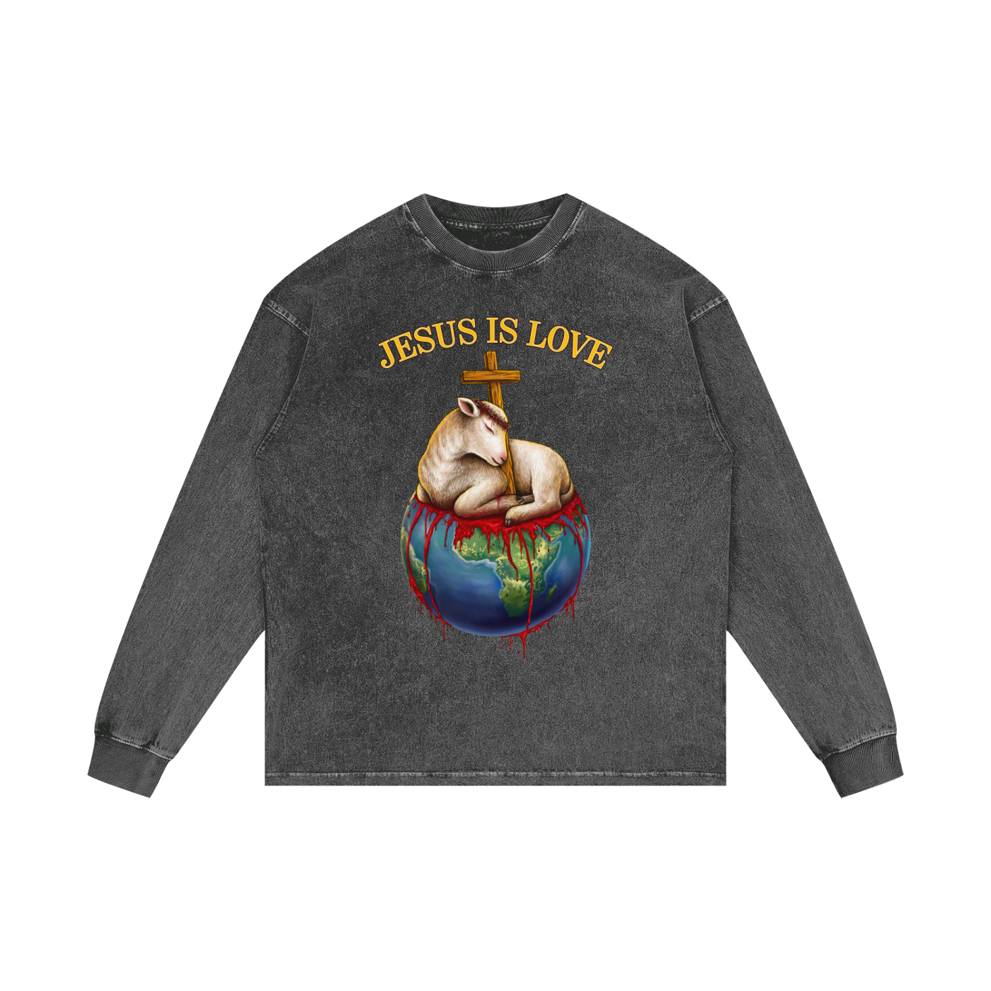 Jesus Is Love Dark Grey Acid Wash Long Sleeve Tee