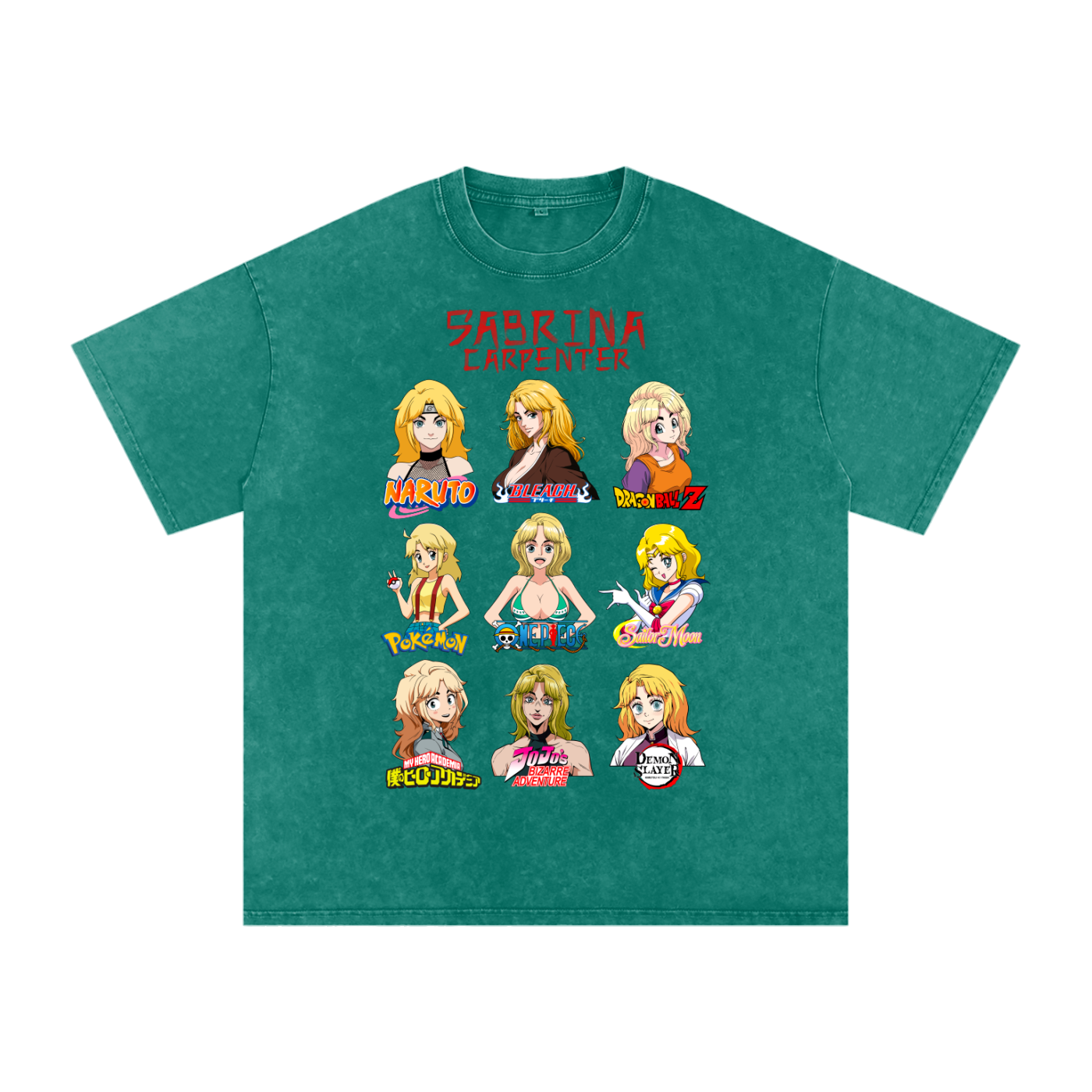 Sabrina Carpenter Anime Art Styles Dark Green Acid Wash Tee, Naruto, Bleach, Dragonball Z, Pokémon, One Piece, Sailor Moon, My Hero Academia, Jojo's Bizarre Adventure, Demon Slayer