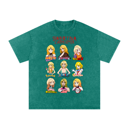 Sabrina Carpenter Anime Art Styles Dark Green Acid Wash Tee, Naruto, Bleach, Dragonball Z, Pokémon, One Piece, Sailor Moon, My Hero Academia, Jojo's Bizarre Adventure, Demon Slayer