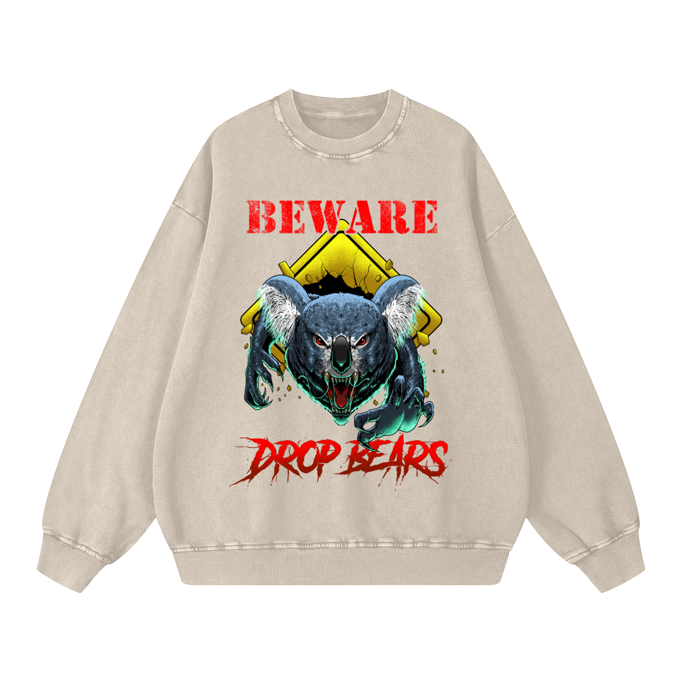 Beware Drop Bear Acid Wash Light Khaki Sweatshirt