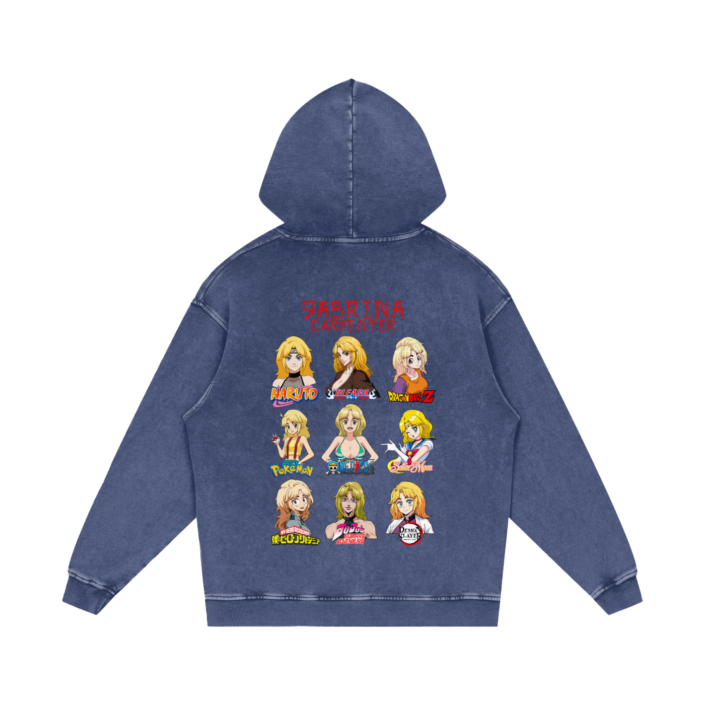 Sabrina Carpenter Anime Art Styles Indigo Steel Blue Acid Wash Hoodie, Naruto, Bleach, Dragonball Z, Pokémon, One Piece, Sailor Moon, My Hero Academia, Jojo's Bizarre Adventure, Demon Slayer