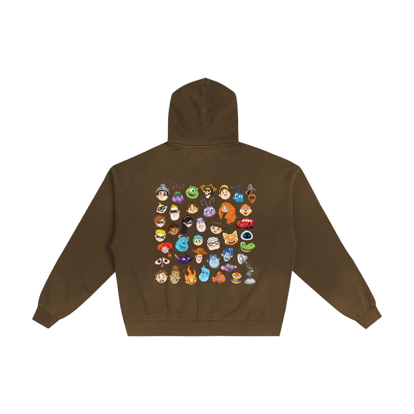 Watercolour  Disney Pixar Protagonist Icons Coffee Sunfaded Zip-Up Hoodie, Toy Story, A Bug’s Life, Monsters, Inc., Finding Nemo, The Incredibles, Cars, Ratatouille, WALL-E, Up, Brave, Inside Out, The Good Dinosaur, Coco, Onward, Soul, Luca, Turning Red, Elemental, Elio, Hoppers, Gatto