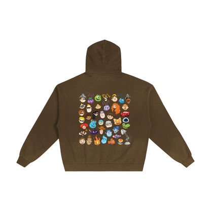 Watercolour  Disney Pixar Protagonist Icons Coffee Sunfaded Zip-Up Hoodie, Toy Story, A Bug’s Life, Monsters, Inc., Finding Nemo, The Incredibles, Cars, Ratatouille, WALL-E, Up, Brave, Inside Out, The Good Dinosaur, Coco, Onward, Soul, Luca, Turning Red, Elemental, Elio, Hoppers, Gatto