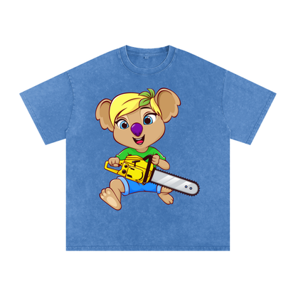 Disney Style Koala Chainsaw Acid Wash Light Blue Tee