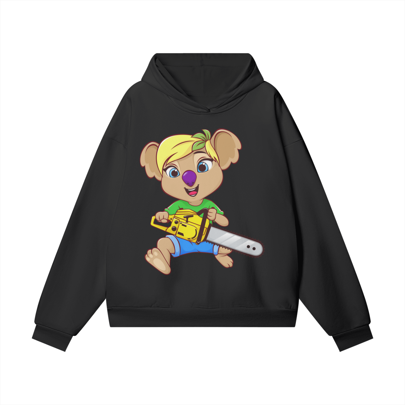 Disney Style Koala Chainsaw Hidden Pocket Fleece Black Hoodie