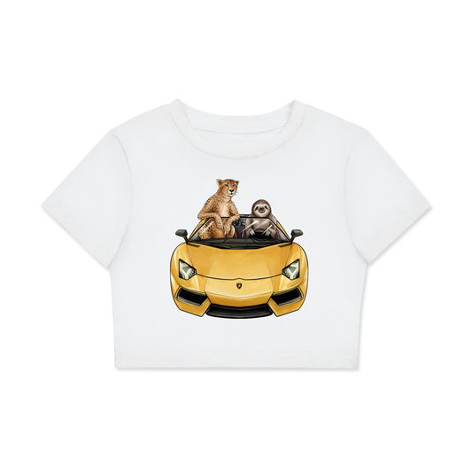 Cheetah & Sloth Lamborghini Aventador White Classic Women’s Crop Top Tee