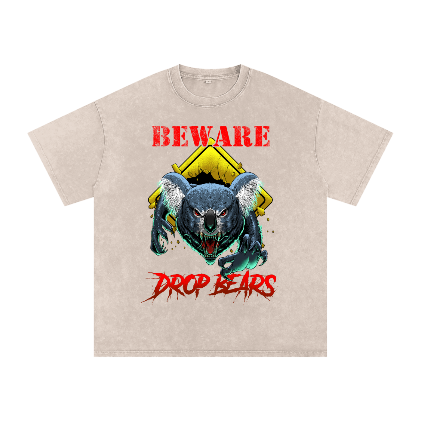 Beware Drop Bear Acid Wash Light Khaki Tee
