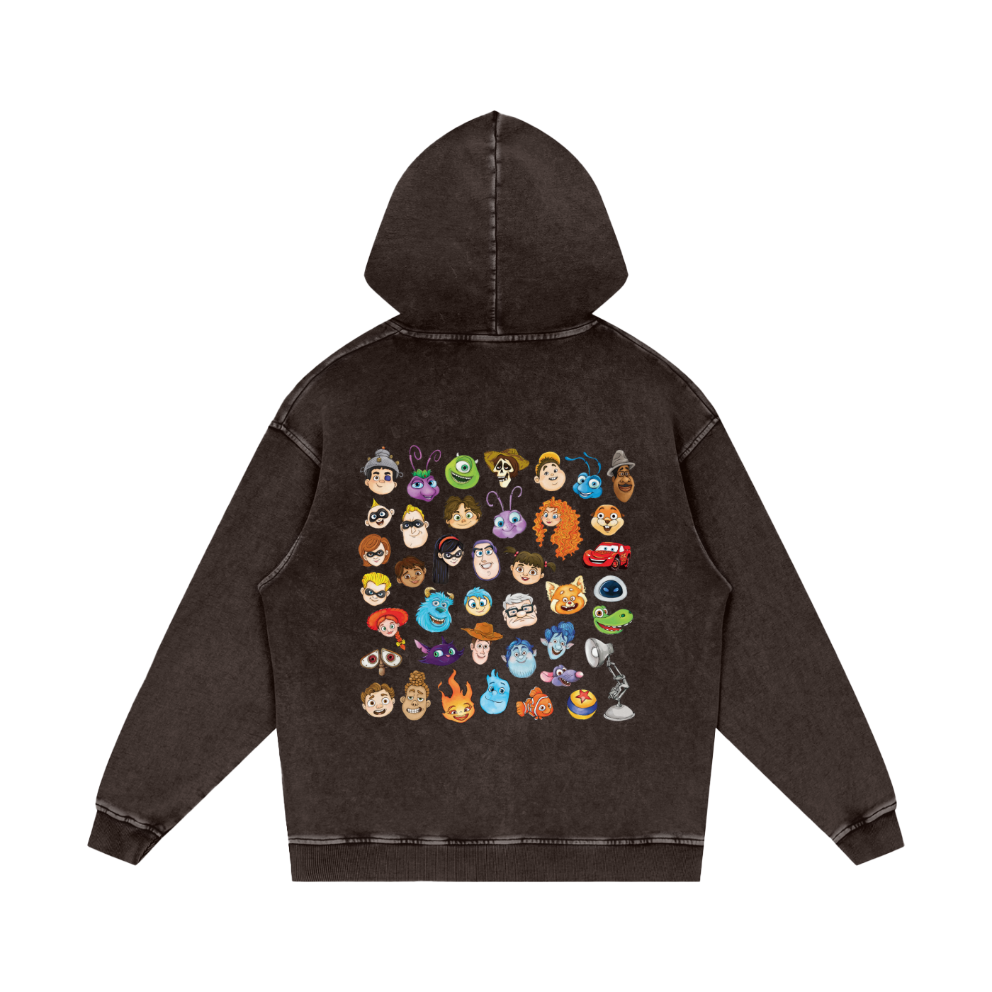 Watercolour Disney Pixar Protagonist Icons Dark Grey Acid Wash Hoodie, Toy Story, A Bug’s Life, Monsters, Inc., Finding Nemo, The Incredibles, Cars, Ratatouille, WALL-E, Up, Brave, Inside Out, The Good Dinosaur, Coco, Onward, Soul, Luca, Turning Red, Elemental, Elio, Hoppers, Gatto