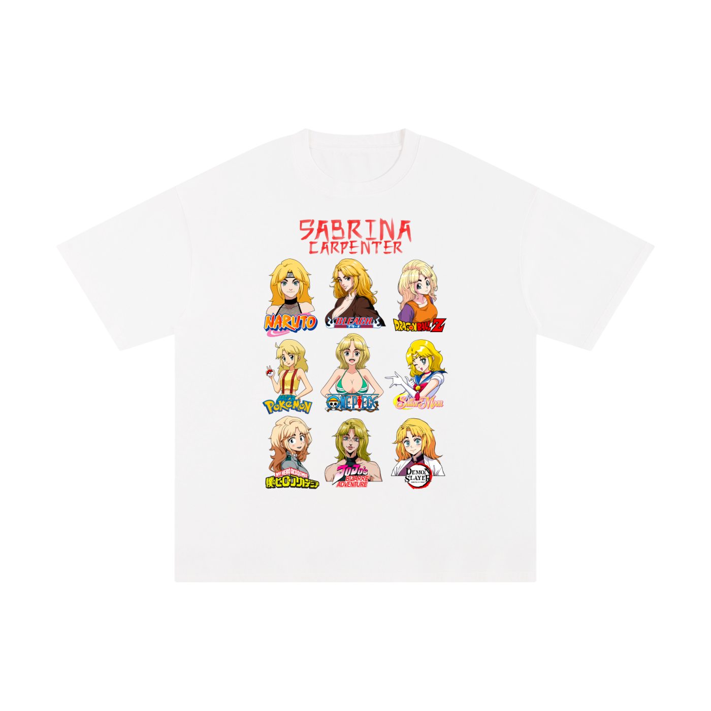 Sabrina Carpenter Anime Art Styles White Classic Tee, Naruto, Bleach, Dragonball Z, Pokémon, One Piece, Sailor Moon, My Hero Academia, Jojo's Bizarre Adventure, Demon Slayer