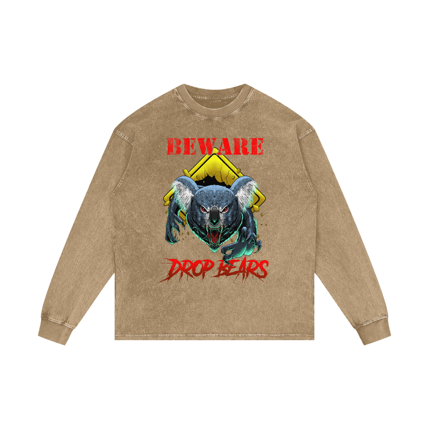 Beware Drop Bear Honey Peach Acid Wash Long Sleeve Tee