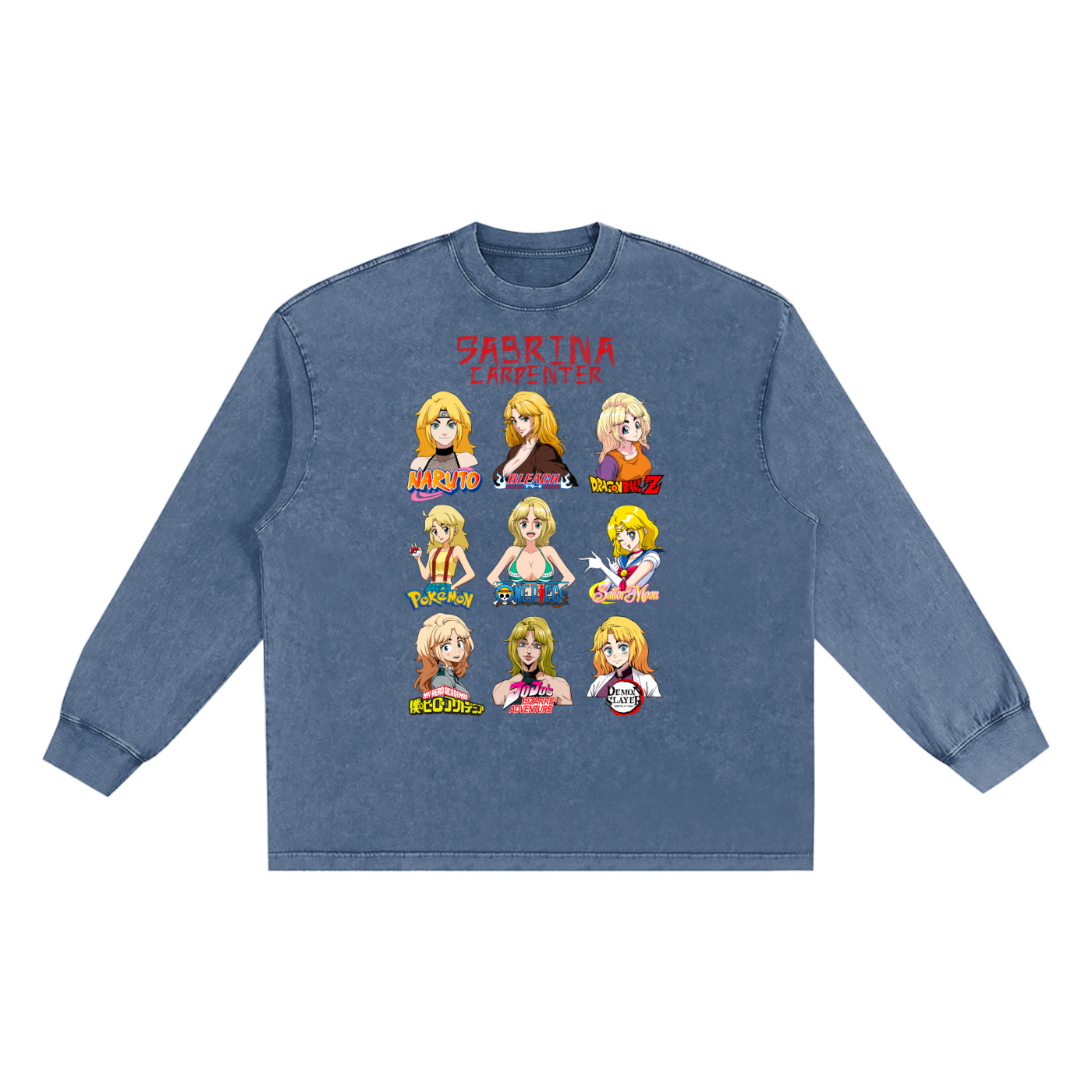 Sabrina Carpenter Anime Art Styles Chambray Blue Snow Washed Long Sleeve Tee, Naruto, Bleach, Dragonball Z, Pokémon, One Piece, Sailor Moon, My Hero Academia, Jojo's Bizarre Adventure, Demon Slayer