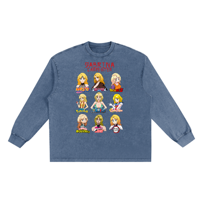 Sabrina Carpenter Anime Art Styles Chambray Blue Snow Washed Long Sleeve Tee, Naruto, Bleach, Dragonball Z, Pokémon, One Piece, Sailor Moon, My Hero Academia, Jojo's Bizarre Adventure, Demon Slayer