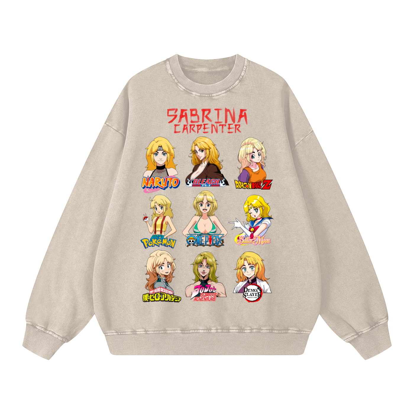 Sabrina Carpenter Anime Art Styles Light Khaki Acid Wash Sweatshirt, Naruto, Bleach, Dragonball Z, Pokémon, One Piece, Sailor Moon, My Hero Academia, Jojo's Bizarre Adventure, Demon Slayer