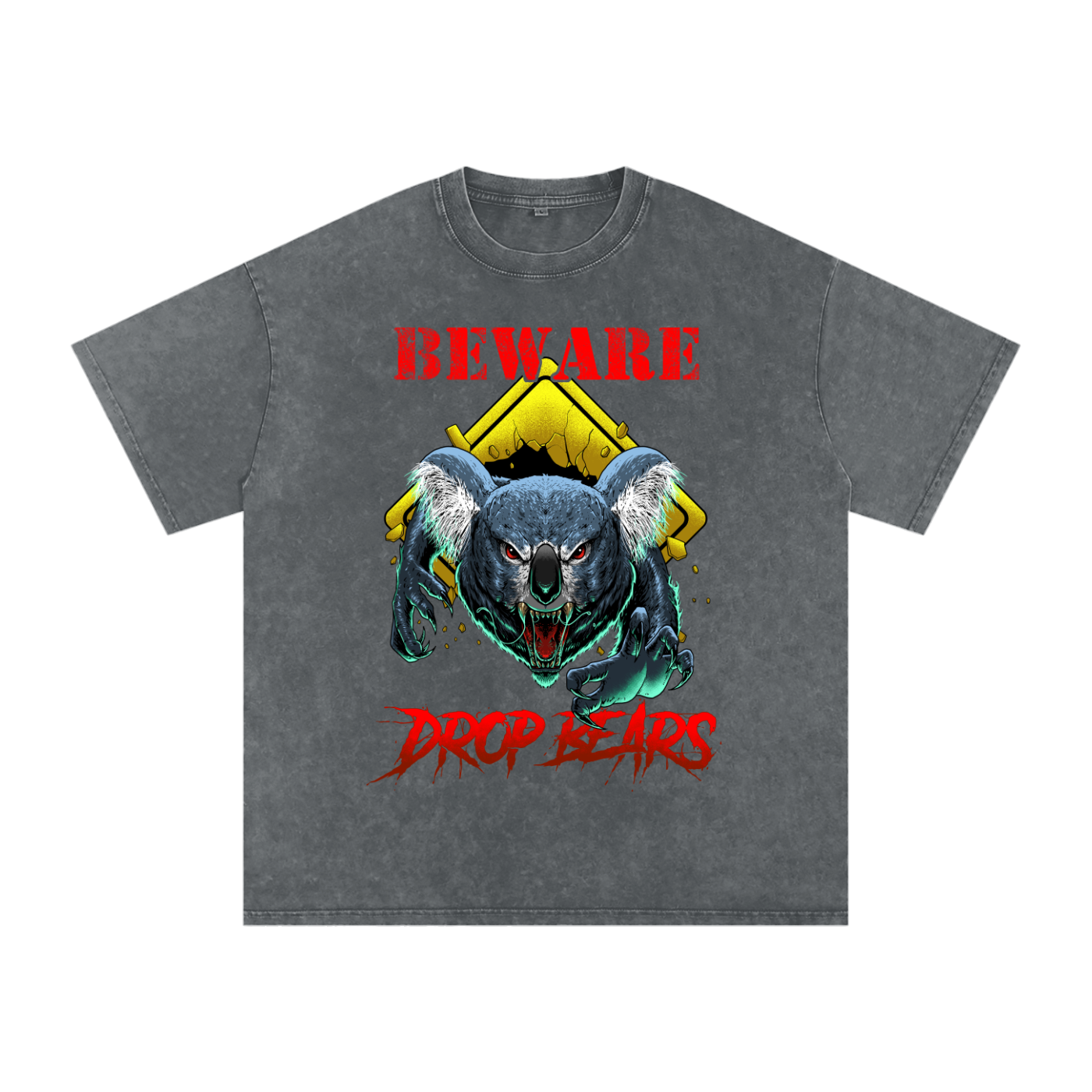 Beware Drop Bear Acid Wash Dark Grey Tee