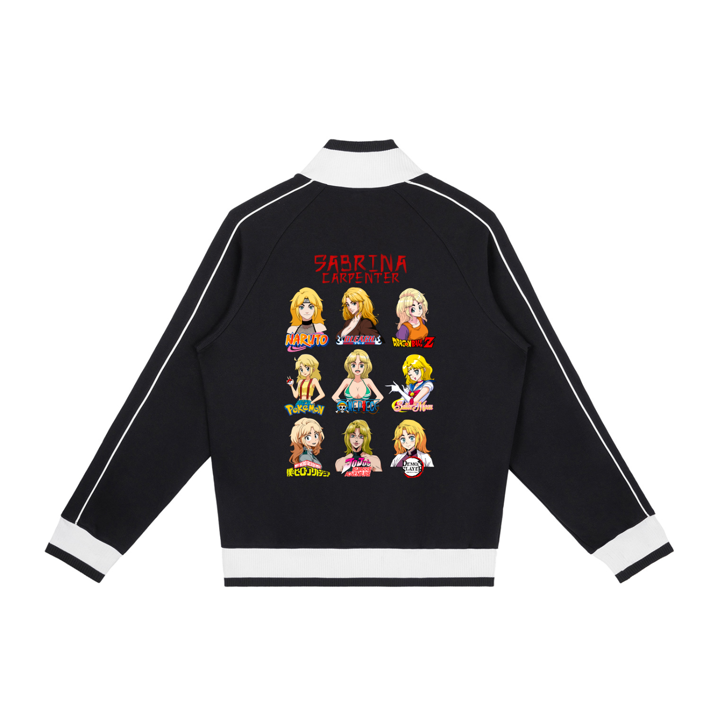 Sabrina Carpenter Anime Art Styles Black Retro Raglan Zip-Up Track Jacket, Naruto, Bleach, Dragon Ball Z, Pokémon, One Piece, Sailor Moon, My Hero Academia, Jojo's Bizarre Adventure, Demon Slayer