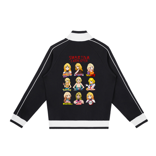 Sabrina Carpenter Anime Art Styles Black Retro Raglan Zip-Up Track Jacket, Naruto, Bleach, Dragon Ball Z, Pokémon, One Piece, Sailor Moon, My Hero Academia, Jojo's Bizarre Adventure, Demon Slayer