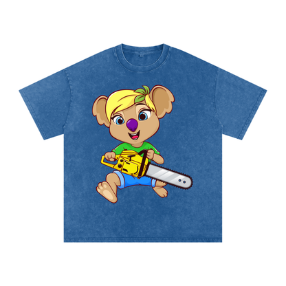 Disney Style Koala Chainsaw Acid Wash Dark Blue Tee