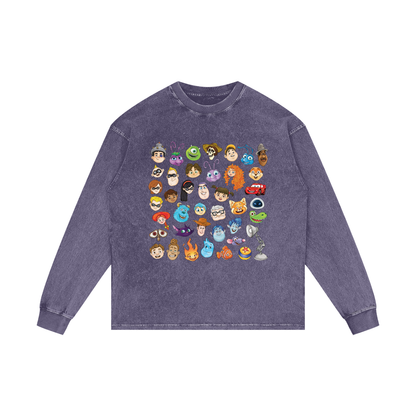 Watercolour Disney Pixar Protagonist Icons Purple Haze Acid Wash Long Sleeve T-Shirt, Toy Story, A Bug’s Life, Monsters, Inc., Finding Nemo, The Incredibles, Cars, Ratatouille, WALL-E, Up, Brave, Inside Out, The Good Dinosaur, Coco, Onward, Soul, Luca, Turning Red, Elemental, Elio, Hoppers, Gatto