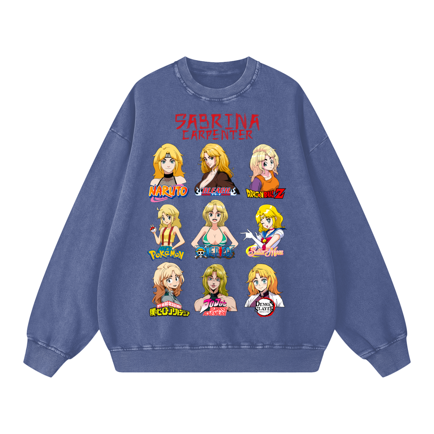 Sabrina Carpenter Anime Art Styles Lapis Blue Acid Wash Sweatshirt, Naruto, Bleach, Dragonball Z, Pokémon, One Piece, Sailor Moon, My Hero Academia, Jojo's Bizarre Adventure, Demon Slayer