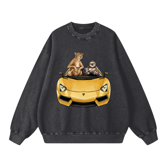 Cheetah & Sloth Lamborghini Aventador Black Acid Wash Sweatshirt