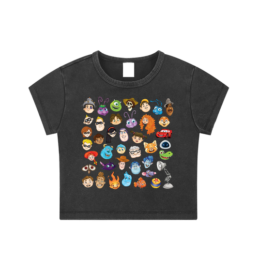 Watercolour Disney Pixar Protagonist Icons Black Women's Snow Washed Crop Top Tee, Toy Story, A Bug’s Life, Monsters, Inc., Finding Nemo, The Incredibles, Cars, Ratatouille, WALL-E, Up, Brave, Inside Out, The Good Dinosaur, Coco, Onward, Soul, Luca, Turning Red, Elemental, Elio, Hoppers, Gatto