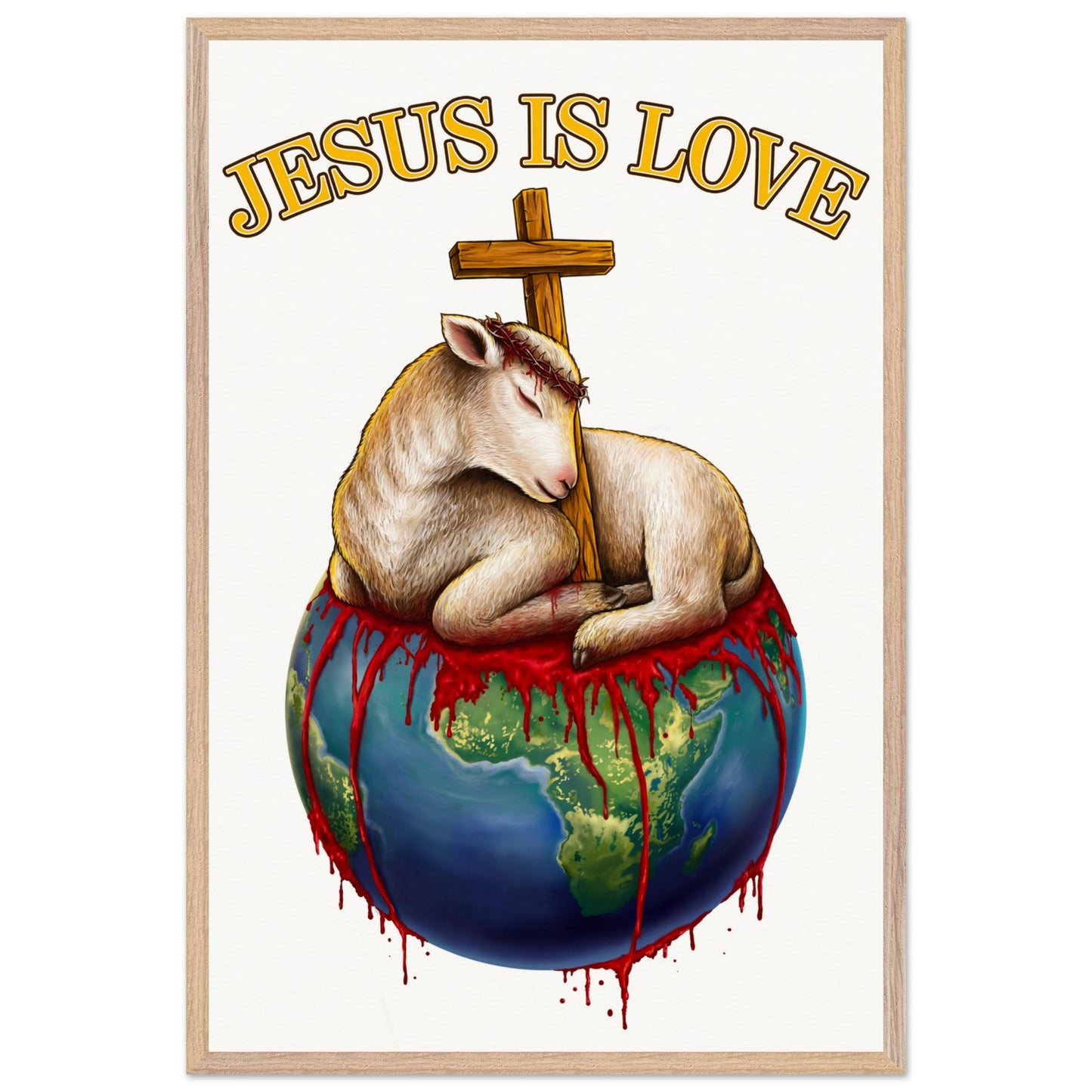 Poster with a lamb, cross, and 'Jesus is Love' text on a world map background.