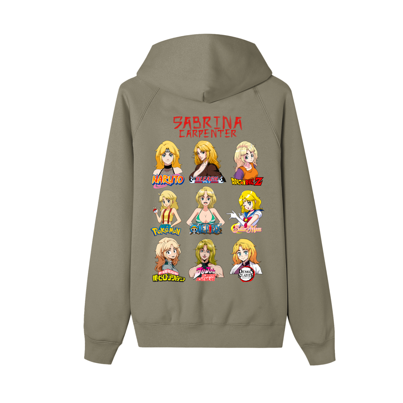 Sabrina Carpenter Anime Art Styles Ashen Olive Zip-Up Fleece Hoodie, Naruto, Bleach, Dragonball Z, Pokémon, One Piece, Sailor Moon, My Hero Academia, Jojo's Bizarre Adventure, Demon Slayer