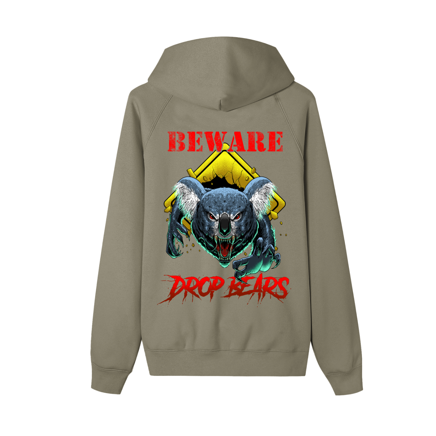 Beware Drop Bear Ashen Olive Zip-Up Fleece Hoodie