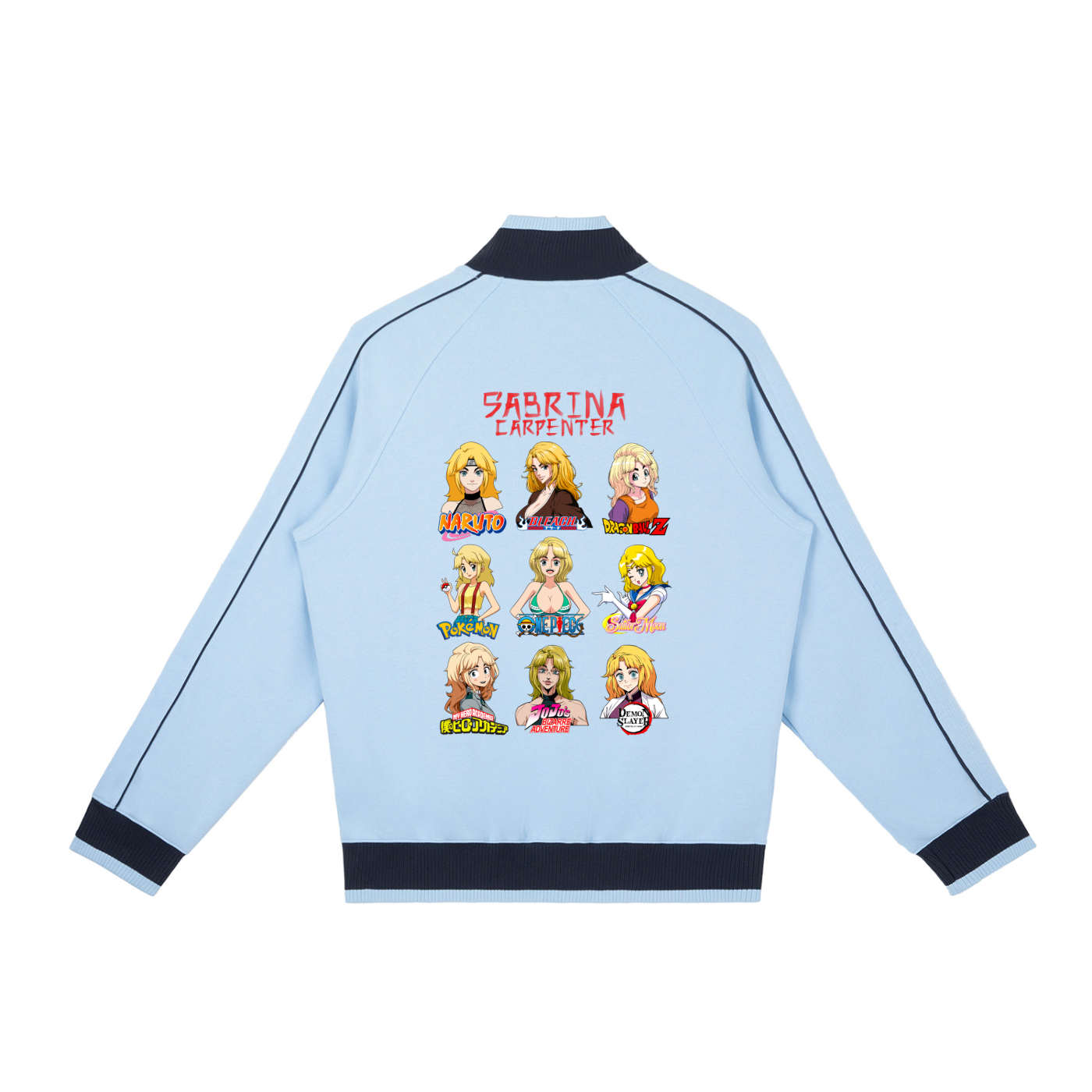 Sabrina Carpenter Anime Art Styles Sky Blue Retro Raglan Zip-Up Track Jacket, Naruto, Bleach, Dragon Ball Z, Pokémon, One Piece, Sailor Moon, My Hero Academia, Jojo's Bizarre Adventure, Demon Slayer