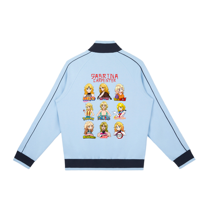 Sabrina Carpenter Anime Art Styles Sky Blue Retro Raglan Zip-Up Track Jacket, Naruto, Bleach, Dragon Ball Z, Pokémon, One Piece, Sailor Moon, My Hero Academia, Jojo's Bizarre Adventure, Demon Slayer
