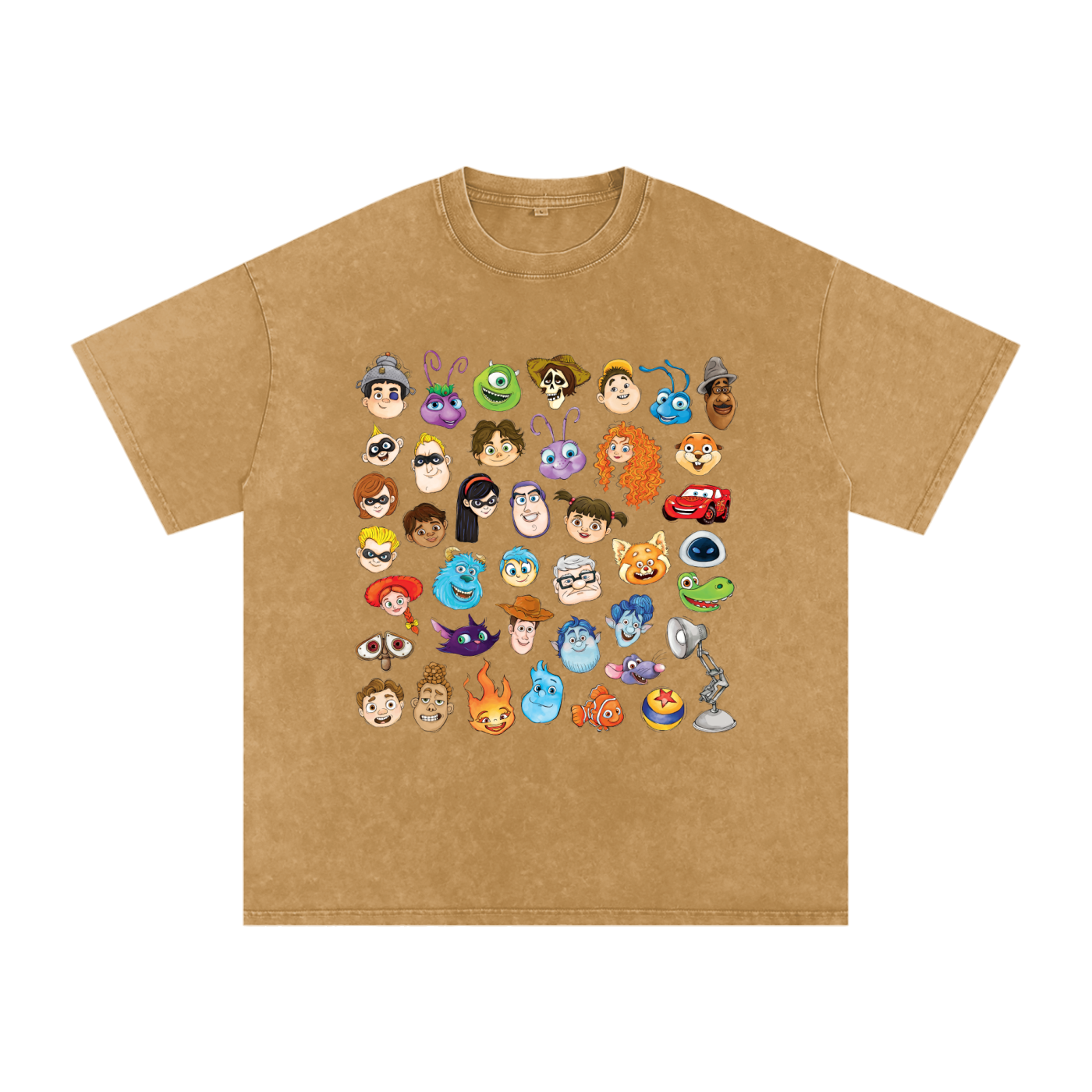 Watercolour Disney Pixar Protagonist Icons Light Brown Acid Wash Tee, Toy Story, A Bug’s Life, Monsters, Inc., Finding Nemo, The Incredibles, Cars, Ratatouille, WALL-E, Up, Brave, Inside Out, The Good Dinosaur, Coco, Onward, Soul, Luca, Turning Red, Elemental, Elio, Hoppers, Gatto