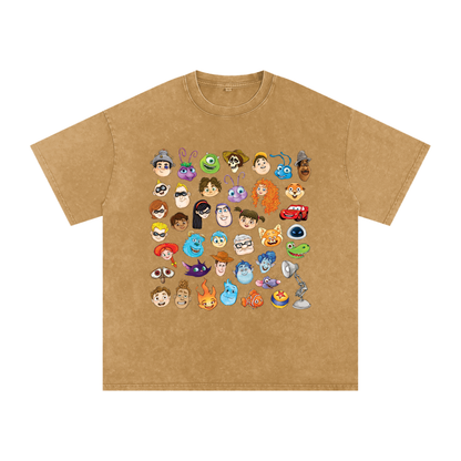 Watercolour Disney Pixar Protagonist Icons Light Brown Acid Wash Tee, Toy Story, A Bug’s Life, Monsters, Inc., Finding Nemo, The Incredibles, Cars, Ratatouille, WALL-E, Up, Brave, Inside Out, The Good Dinosaur, Coco, Onward, Soul, Luca, Turning Red, Elemental, Elio, Hoppers, Gatto