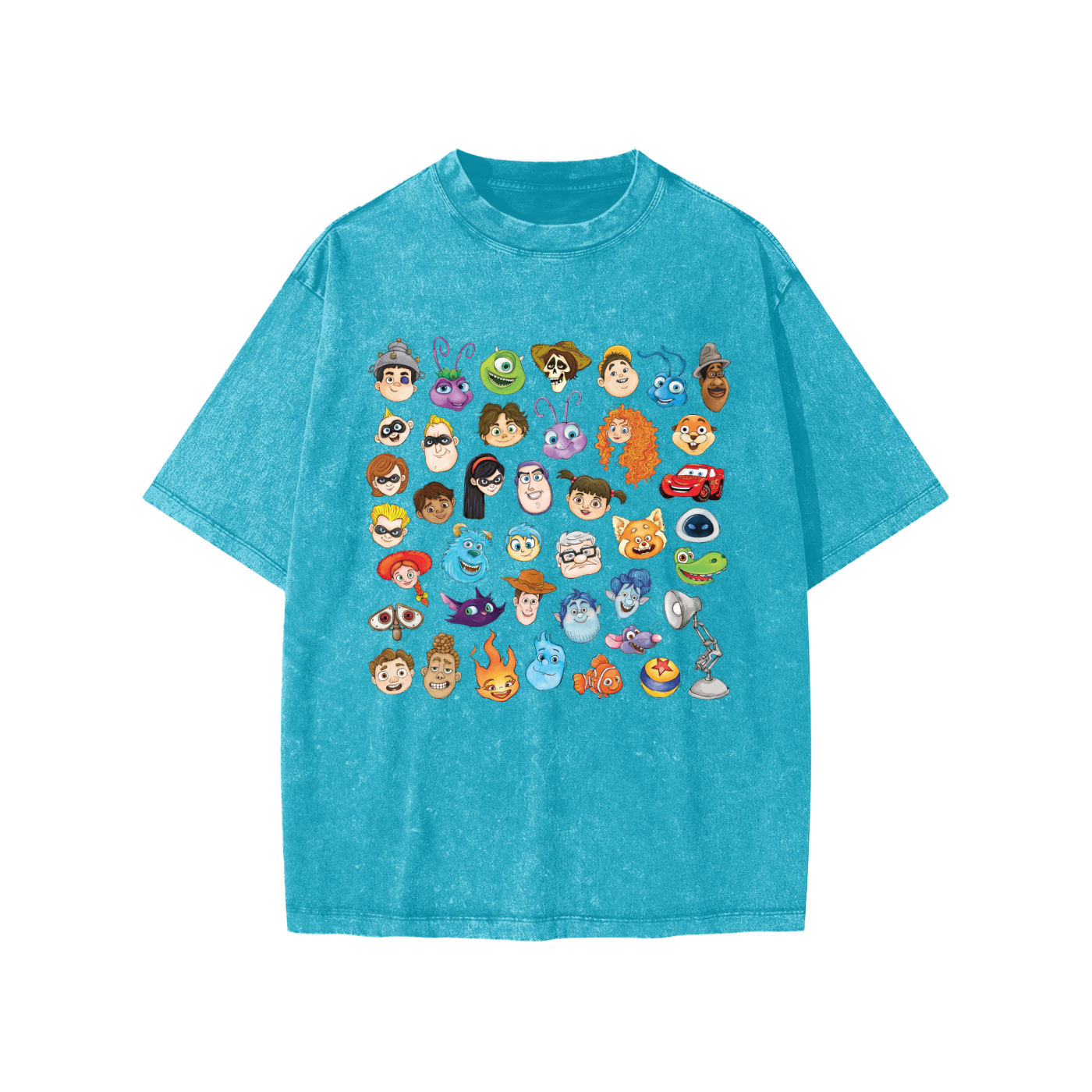 Watercolour Disney Pixar Protagonist Icons Cyan Snow Washed Kids' Tee, Toy Story, A Bug’s Life, Monsters, Inc., Finding Nemo, The Incredibles, Cars, Ratatouille, WALL-E, Up, Brave, Inside Out, The Good Dinosaur, Coco, Onward, Soul, Luca, Turning Red, Elemental, Elio, Hoppers, Gatto