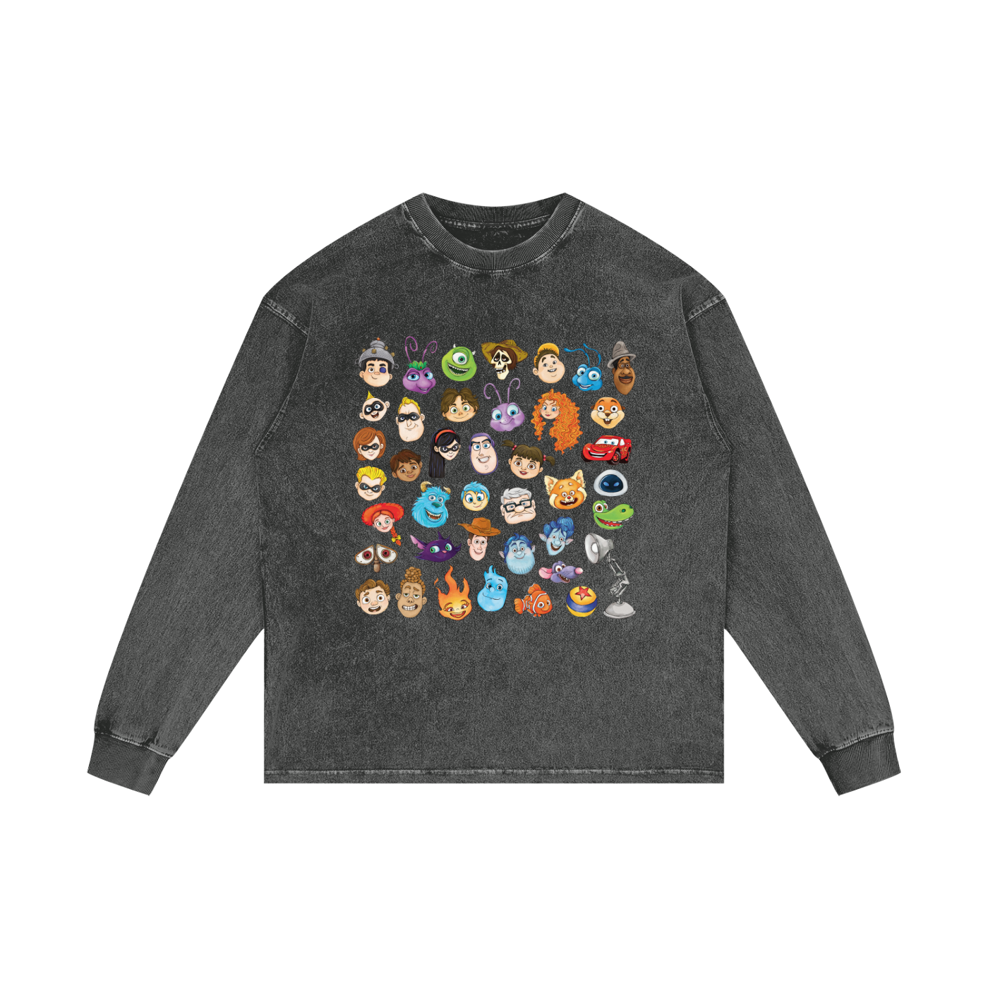 Watercolour Disney Pixar Protagonist Icons Dark Grey Acid Wash Long Sleeve T-Shirt, Toy Story, A Bug’s Life, Monsters, Inc., Finding Nemo, The Incredibles, Cars, Ratatouille, WALL-E, Up, Brave, Inside Out, The Good Dinosaur, Coco, Onward, Soul, Luca, Turning Red, Elemental, Elio, Hoppers, Gatto