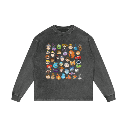 Watercolour Disney Pixar Protagonist Icons Dark Grey Acid Wash Long Sleeve T-Shirt, Toy Story, A Bug’s Life, Monsters, Inc., Finding Nemo, The Incredibles, Cars, Ratatouille, WALL-E, Up, Brave, Inside Out, The Good Dinosaur, Coco, Onward, Soul, Luca, Turning Red, Elemental, Elio, Hoppers, Gatto