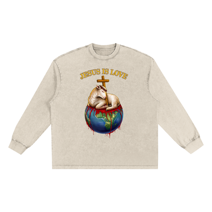 Jesus Is Love Snow Washed Long Sleeve Light Khaki Tee