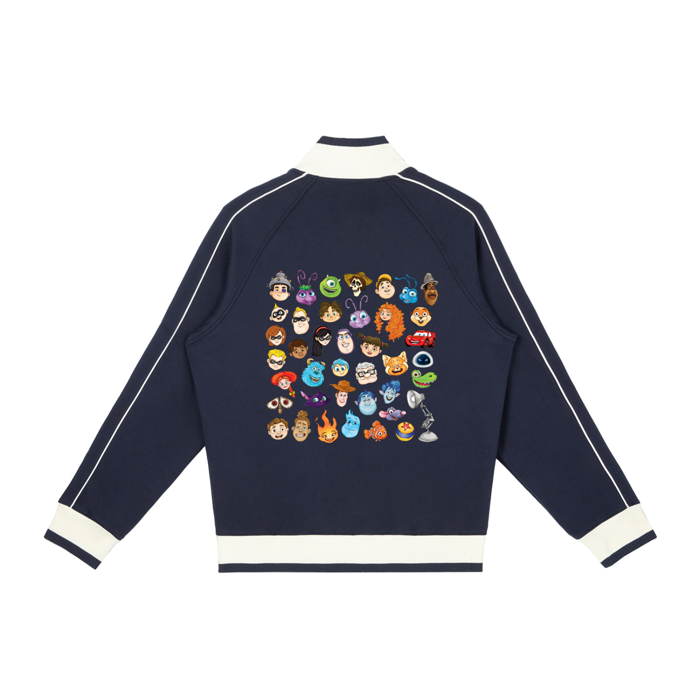 Watercolour Disney Pixar Protagonist Icons Navy Blue Retro Raglan Zip-Up Track Jacket, Toy Story, A Bug’s Life, Monsters, Inc., Finding Nemo, The Incredibles, Cars, Ratatouille, WALL-E, Up, Brave, Inside Out, The Good Dinosaur, Coco, Onward, Soul, Luca, Turning Red, Elemental, Elio, Hoppers, Gatto
