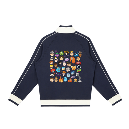 Watercolour Disney Pixar Protagonist Icons Navy Blue Retro Raglan Zip-Up Track Jacket, Toy Story, A Bug’s Life, Monsters, Inc., Finding Nemo, The Incredibles, Cars, Ratatouille, WALL-E, Up, Brave, Inside Out, The Good Dinosaur, Coco, Onward, Soul, Luca, Turning Red, Elemental, Elio, Hoppers, Gatto