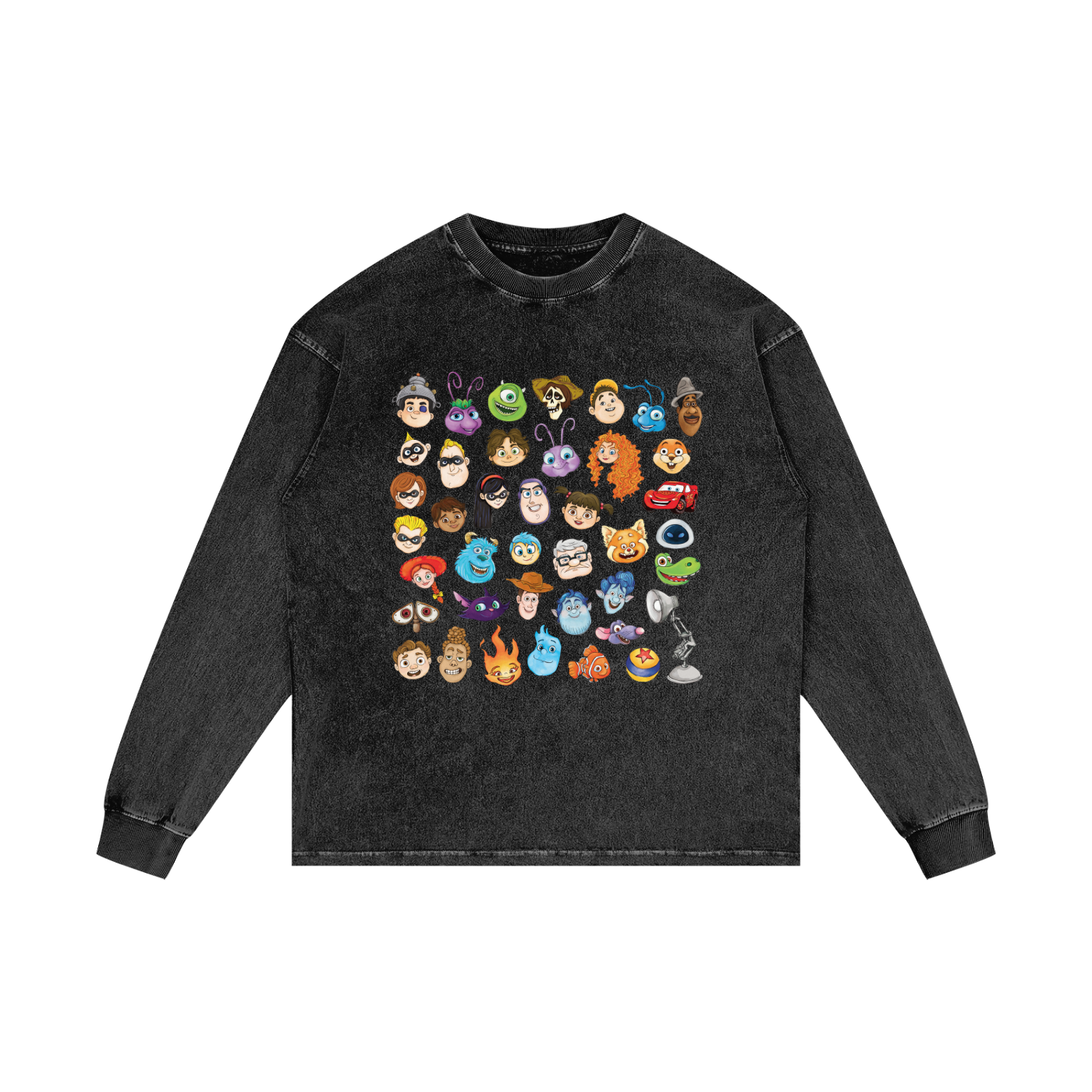 Watercolour Disney Pixar Protagonist Icons Black Acid Wash Long Sleeve T-Shirt, Toy Story, A Bug’s Life, Monsters, Inc., Finding Nemo, The Incredibles, Cars, Ratatouille, WALL-E, Up, Brave, Inside Out, The Good Dinosaur, Coco, Onward, Soul, Luca, Turning Red, Elemental, Elio, Hoppers, Gatto